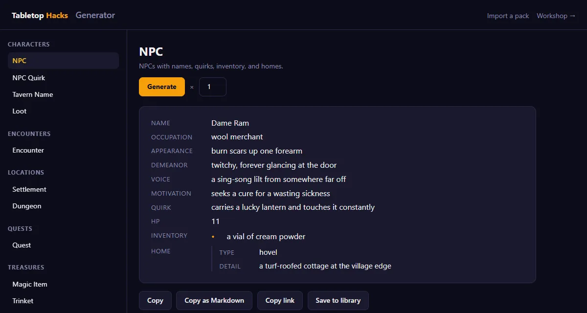 The Generator showing a rolled NPC: a wool merchant named Dame Ram, with appearance, demeanor, voice, motivation, quirk, hit points, inventory, and home.