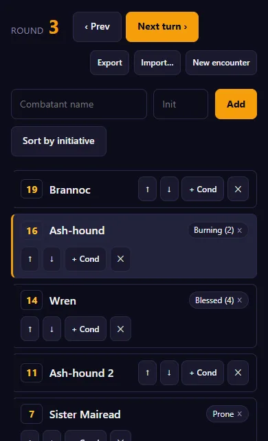 The Initiative Tracker on a phone in round 3, with five combatants in turn order and conditions such as Burning and Blessed counting down.
